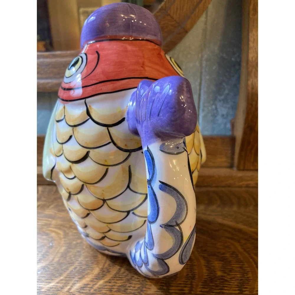 Hand Painted Ceramic Fish Pitcher Whimsical Coastal Decorative Vase Multicolor